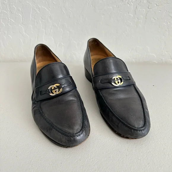 Gucci | Shoes | Gucci Black Leather Loafers With Gold  display picture 1